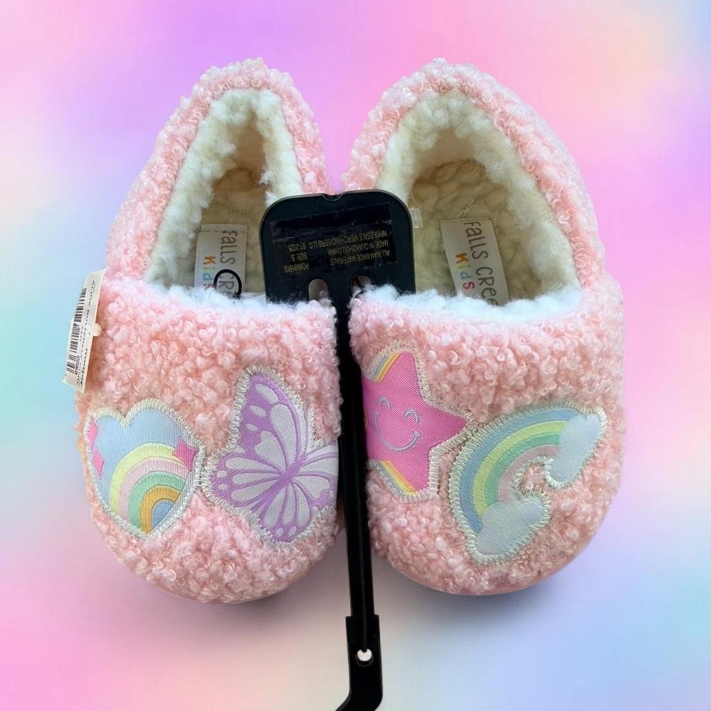 Falls Creek Pink Sherpa Baby Slippers with Rainbow & Butterfly Patches